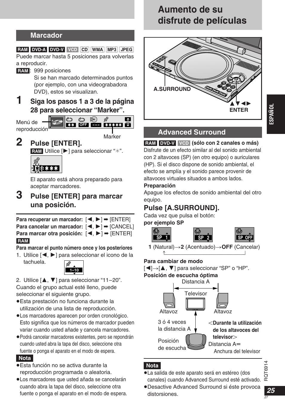 Aumento de su disfrute de películas, Marcador, Pulse [enter | Pulse [enter] para marcar una posición, Advanced surround, Pulse [a.surround, Español, Marker, 3421 enter a.surround menú de reproducción, Sp 1 sp 2 | Panasonic DVDLX9 User Manual | Page 27 / 108