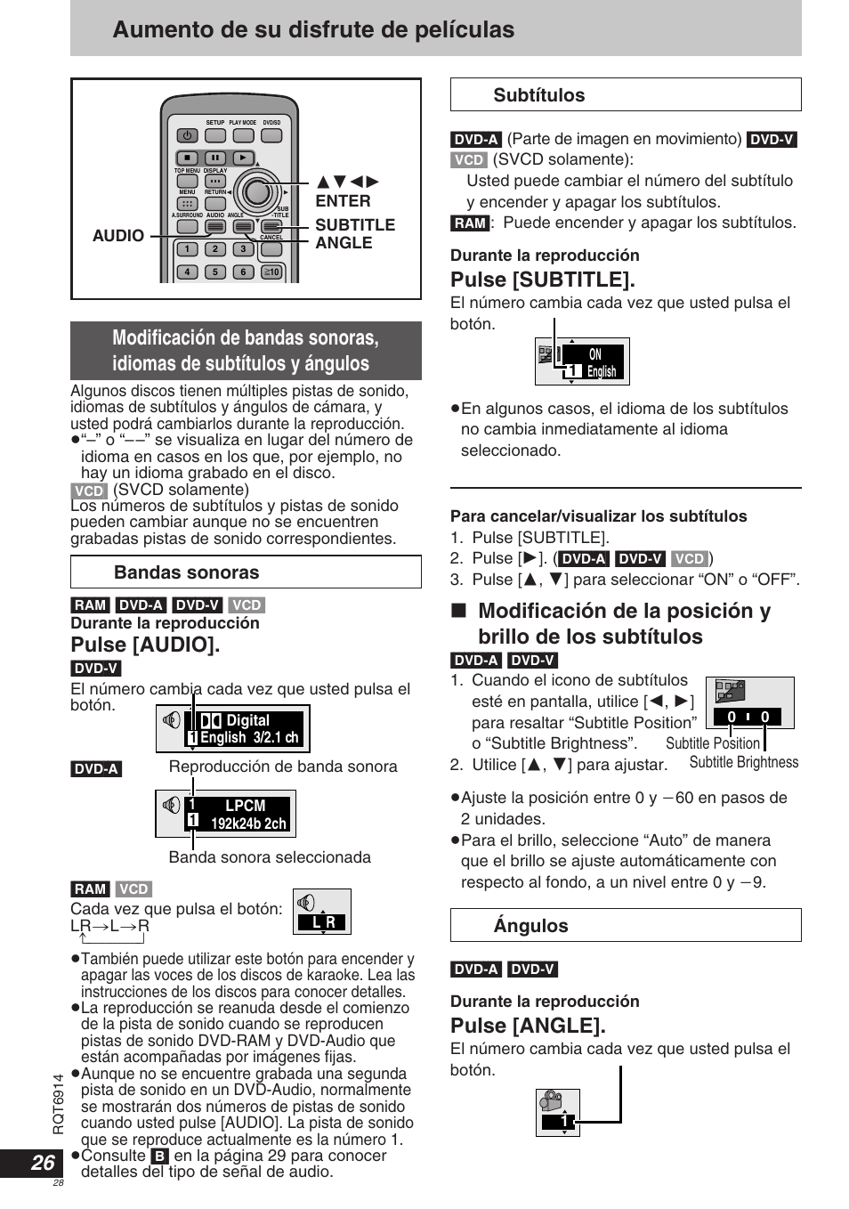 Aumento de su disfrute de películas, Pulse [subtitle, Pulse [audio | Pulse [angle, Bandas sonoras subtítulos, Ángulos | Panasonic DVDLX9 User Manual | Page 28 / 108