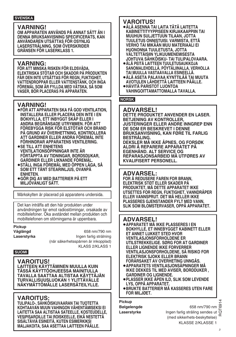 Varning, Advarsel, Varoitus | Panasonic DVDLX9 User Manual | Page 3 / 108