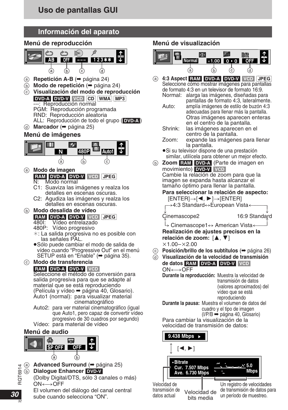 Uso de pantallas gui, Información del aparato | Panasonic DVDLX9 User Manual | Page 32 / 108