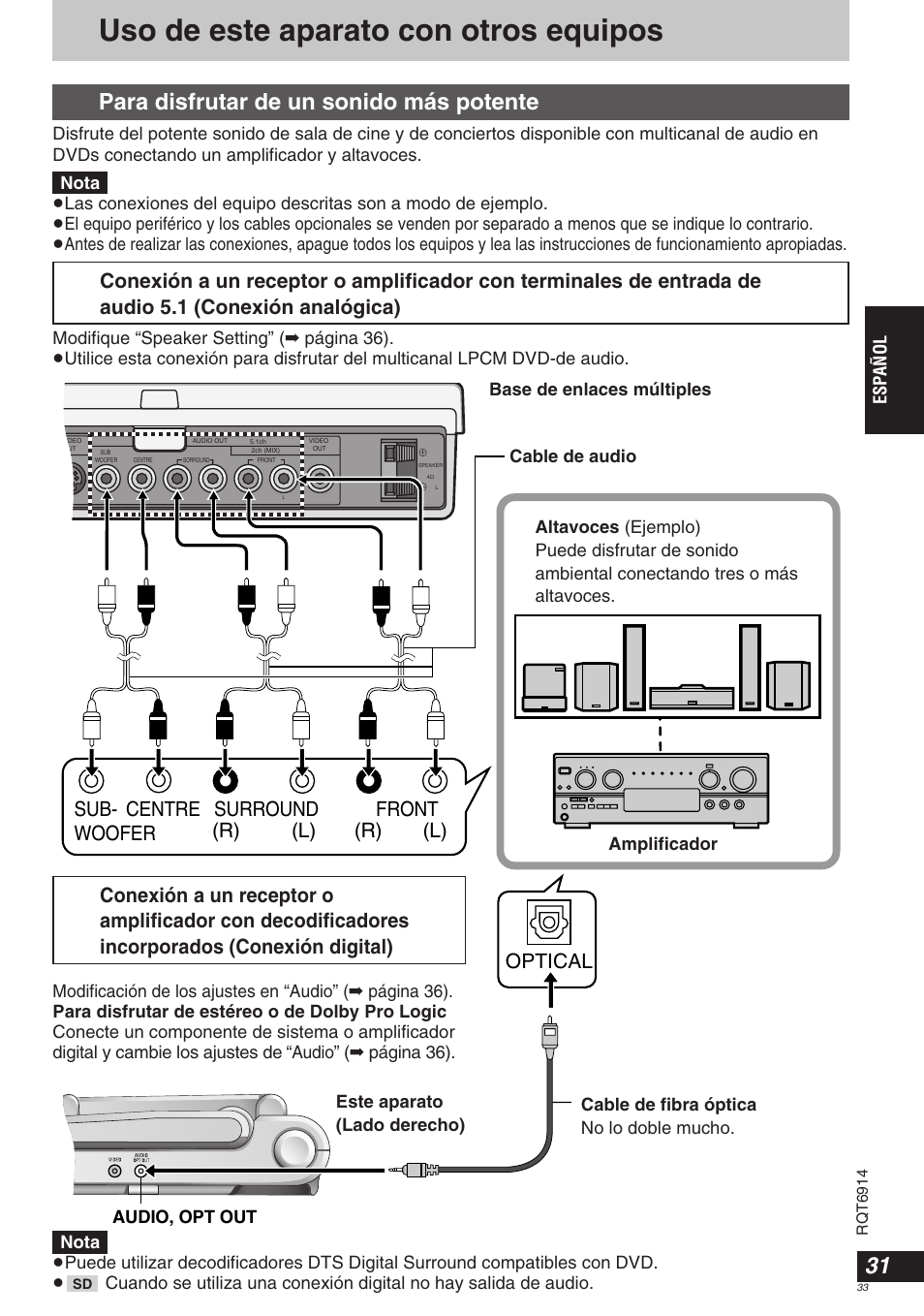 Uso de este aparato con otros equipos, Para disfrutar de un sonido más potente | Panasonic DVDLX9 User Manual | Page 33 / 108