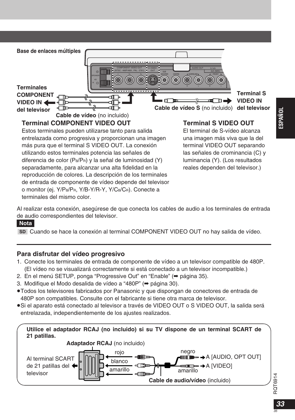 Terminal component video out, Terminal s video out, Para disfrutar del vídeo progresivo | Español, Y/b-y/r-y, y/c, Conecte a terminales del mismo color | Panasonic DVDLX9 User Manual | Page 35 / 108