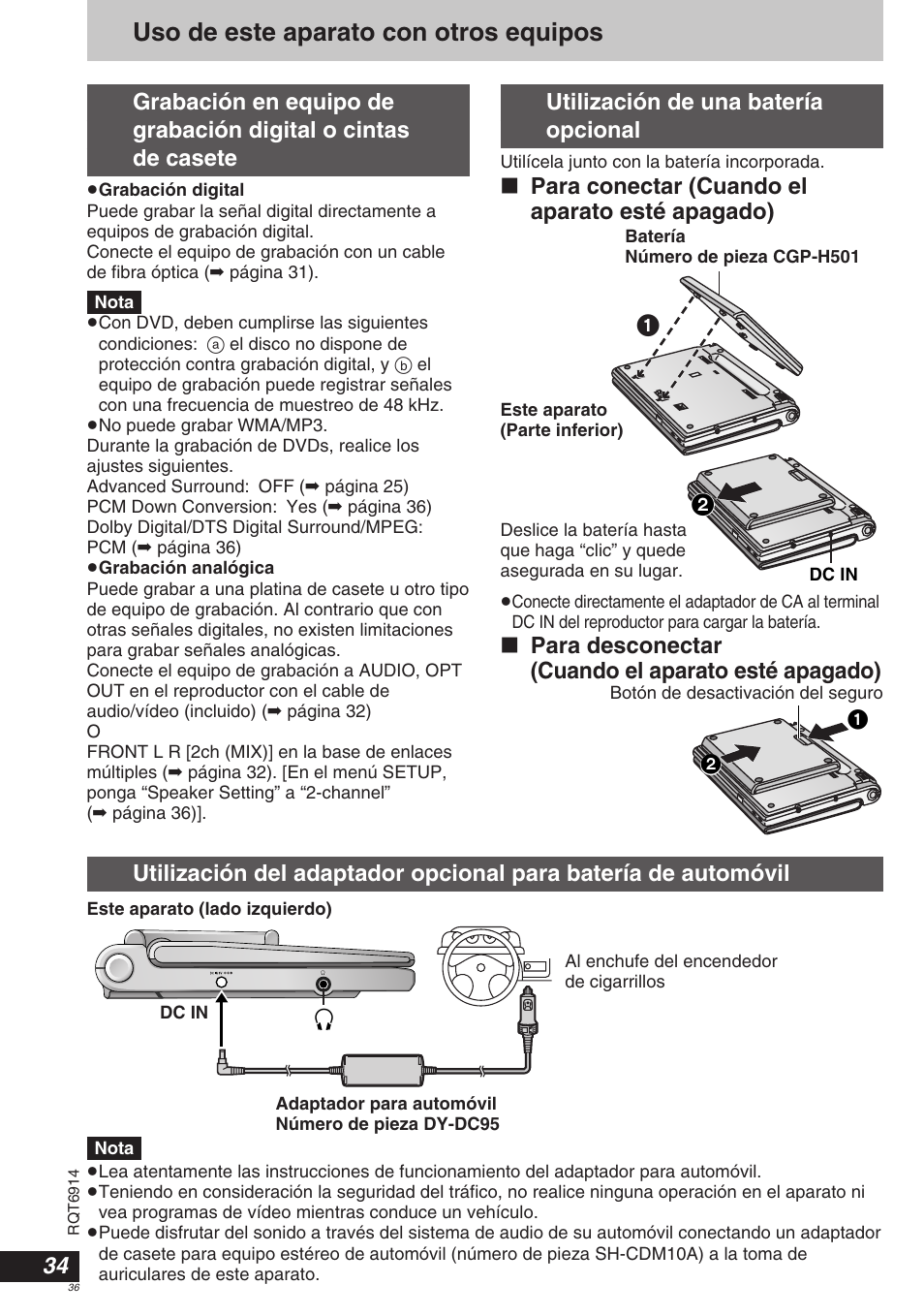 Uso de este aparato con otros equipos, Utilización de una batería opcional, Para conectar (cuando el aparato esté apagado) | Para desconectar (cuando el aparato esté apagado) | Panasonic DVDLX9 User Manual | Page 36 / 108