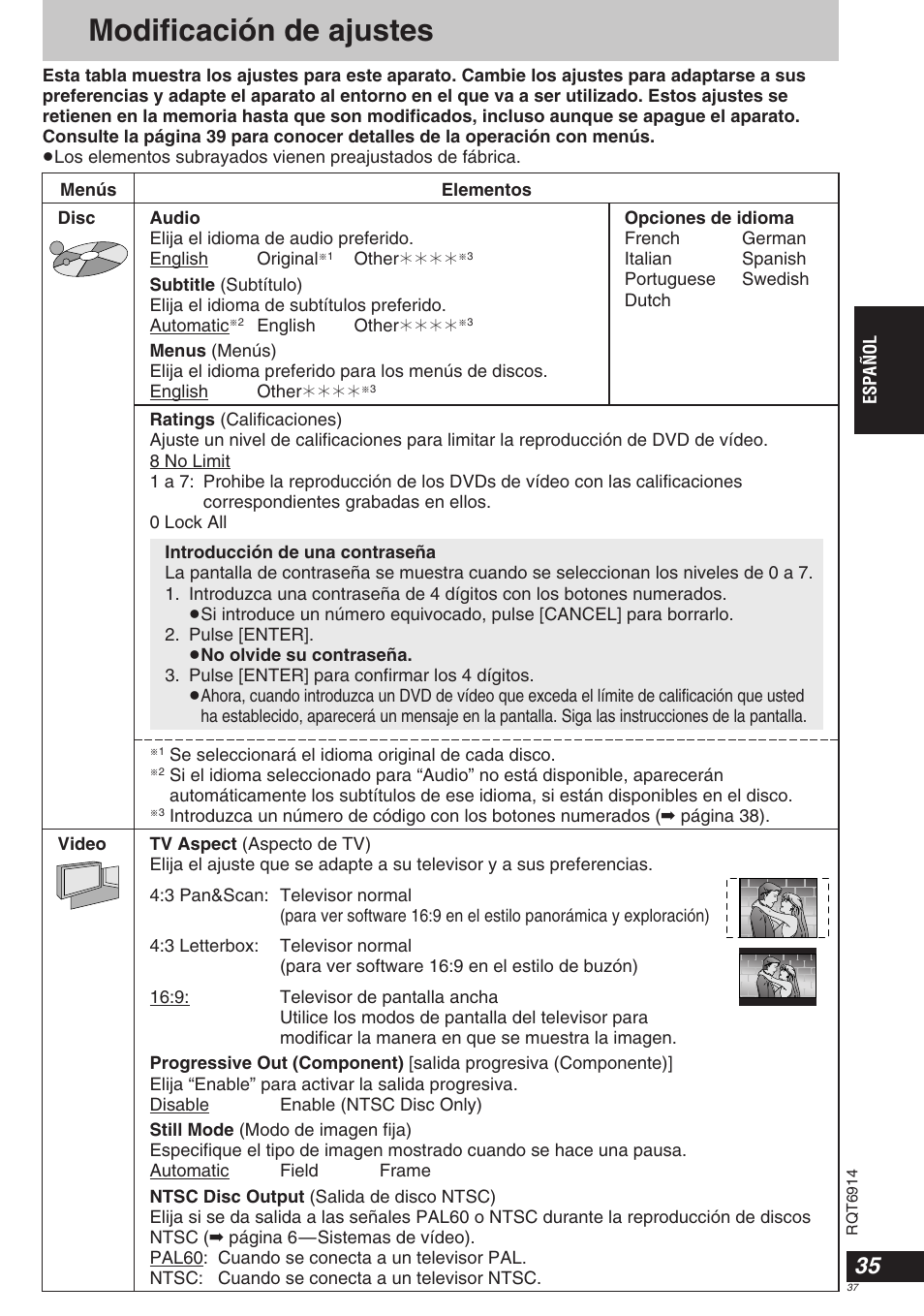Modificación de ajustes | Panasonic DVDLX9 User Manual | Page 37 / 108
