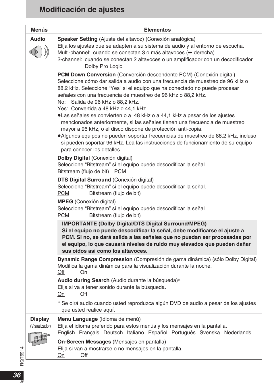 Modificación de ajustes | Panasonic DVDLX9 User Manual | Page 38 / 108