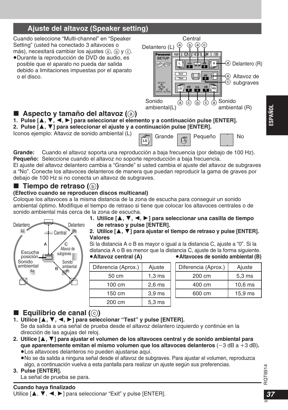 Ajuste del altavoz (speaker setting), Aspecto y tamaño del altavoz ( a ), Tiempo de retraso ( b ) | Equilibrio de canal ( c ) | Panasonic DVDLX9 User Manual | Page 39 / 108