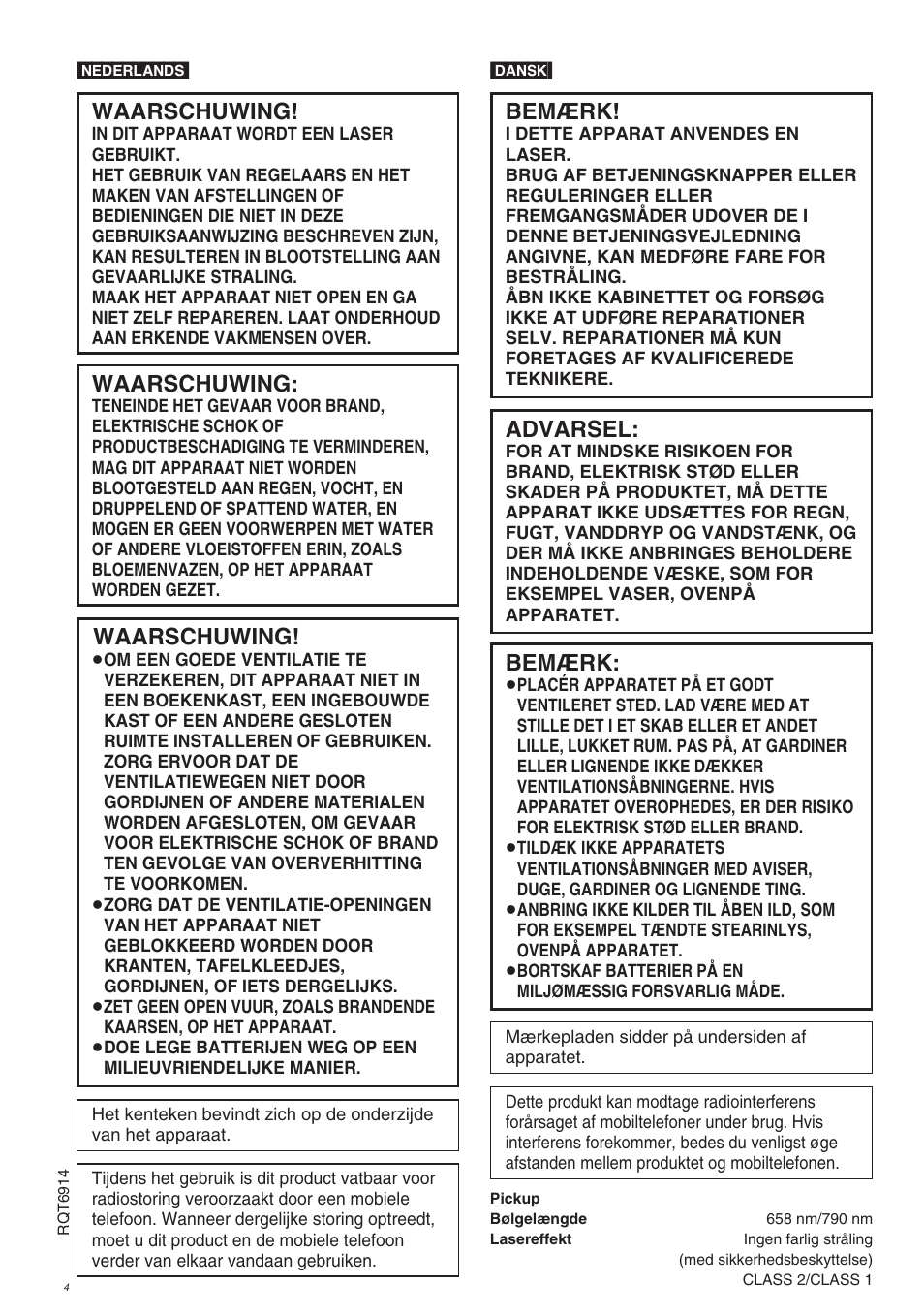 Waarschuwing, Bemærk, Advarsel | Panasonic DVDLX9 User Manual | Page 4 / 108