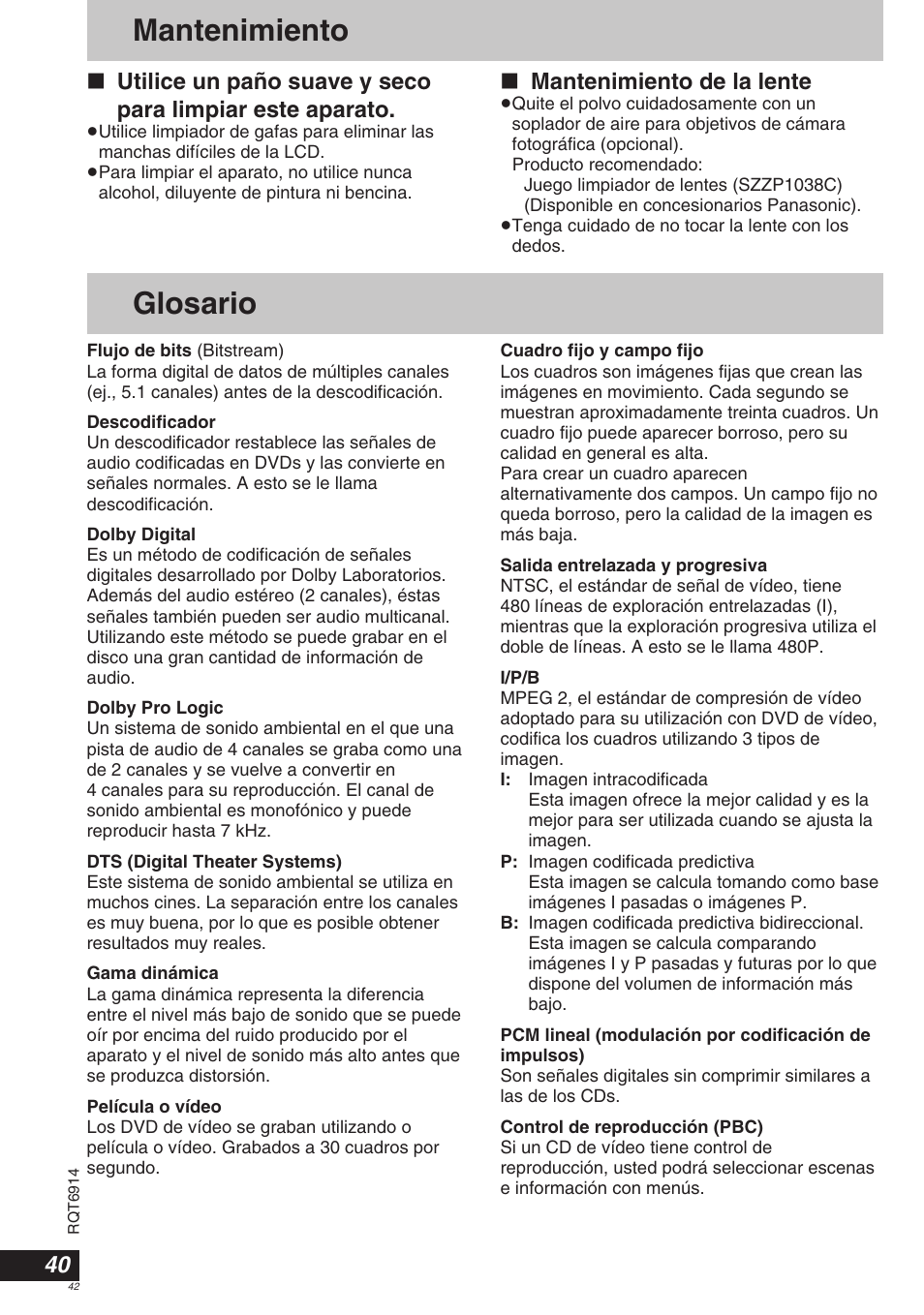 Glosario, Mantenimiento, Mantenimiento de la lente | Panasonic DVDLX9 User Manual | Page 42 / 108