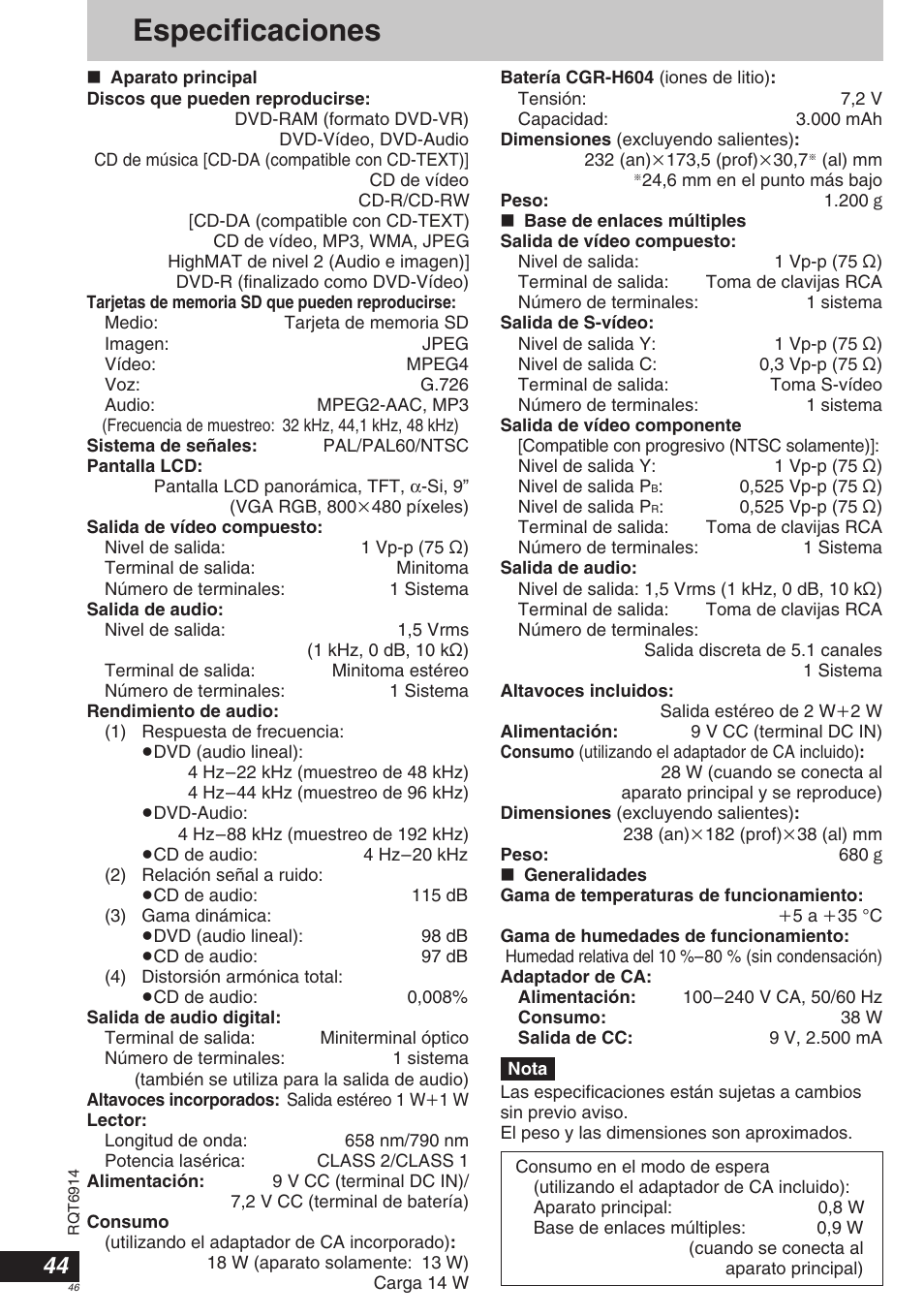 Especificaciones | Panasonic DVDLX9 User Manual | Page 46 / 108