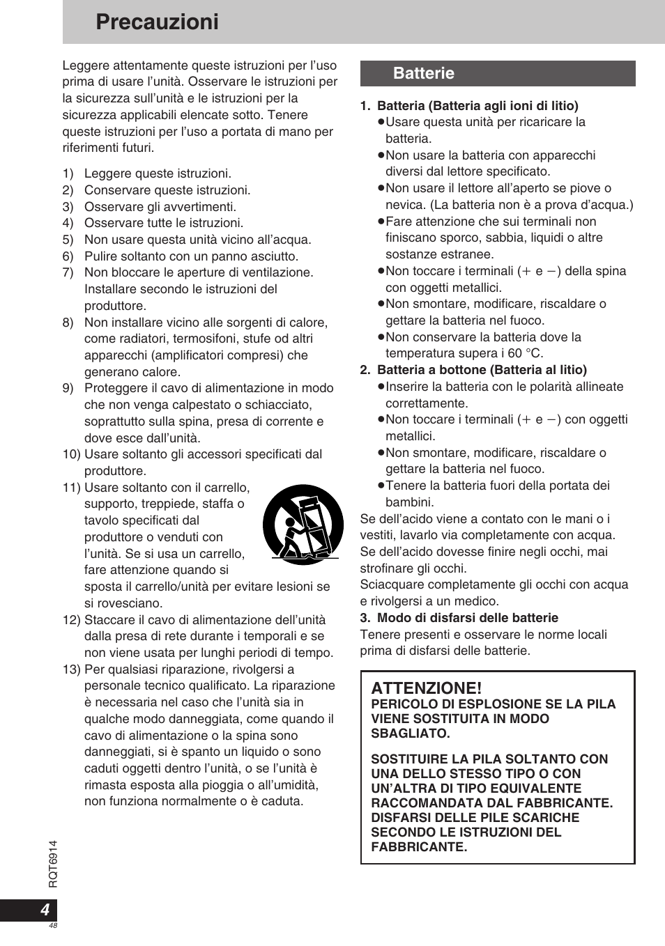 Precauzioni, Batterie, Attenzione | Panasonic DVDLX9 User Manual | Page 48 / 108