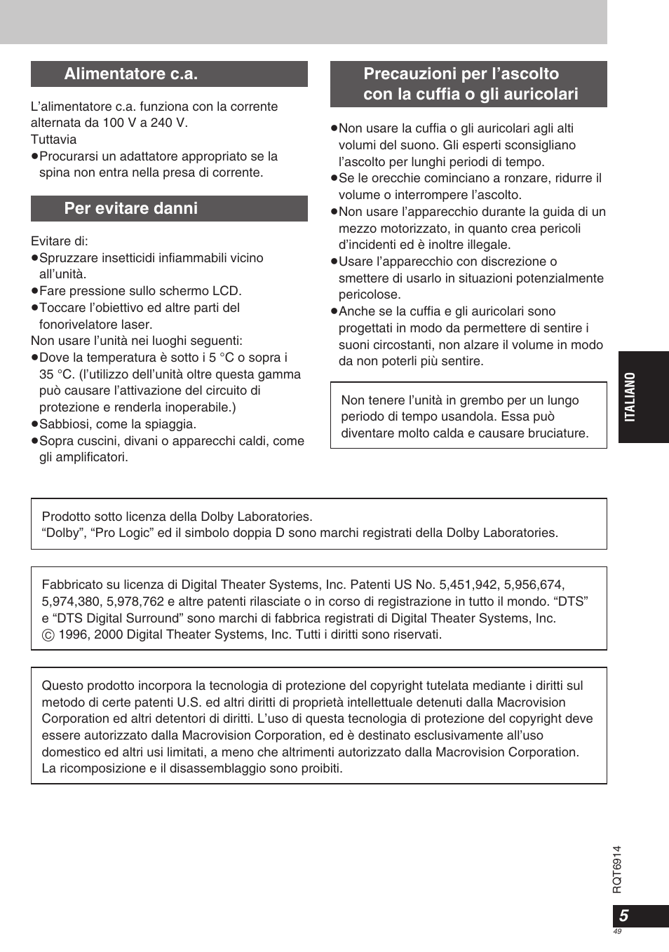 Alimentatore c.a, Per evitare danni | Panasonic DVDLX9 User Manual | Page 49 / 108