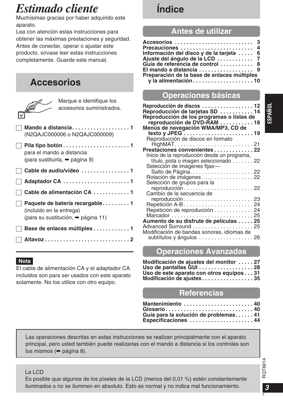 Estimado cliente, Índice accesorios | Panasonic DVDLX9 User Manual | Page 5 / 108