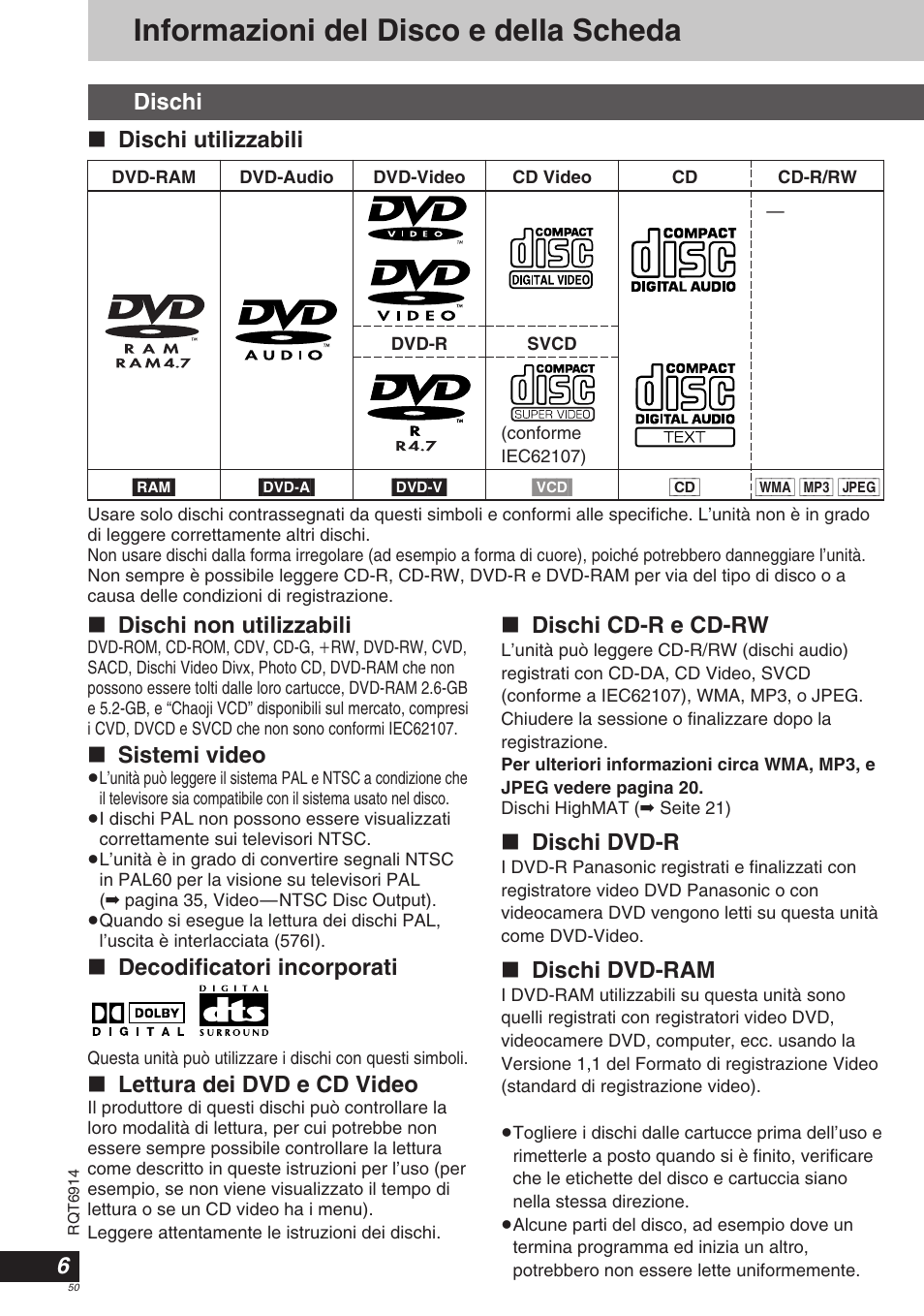 Informazioni del disco e della scheda | Panasonic DVDLX9 User Manual | Page 50 / 108