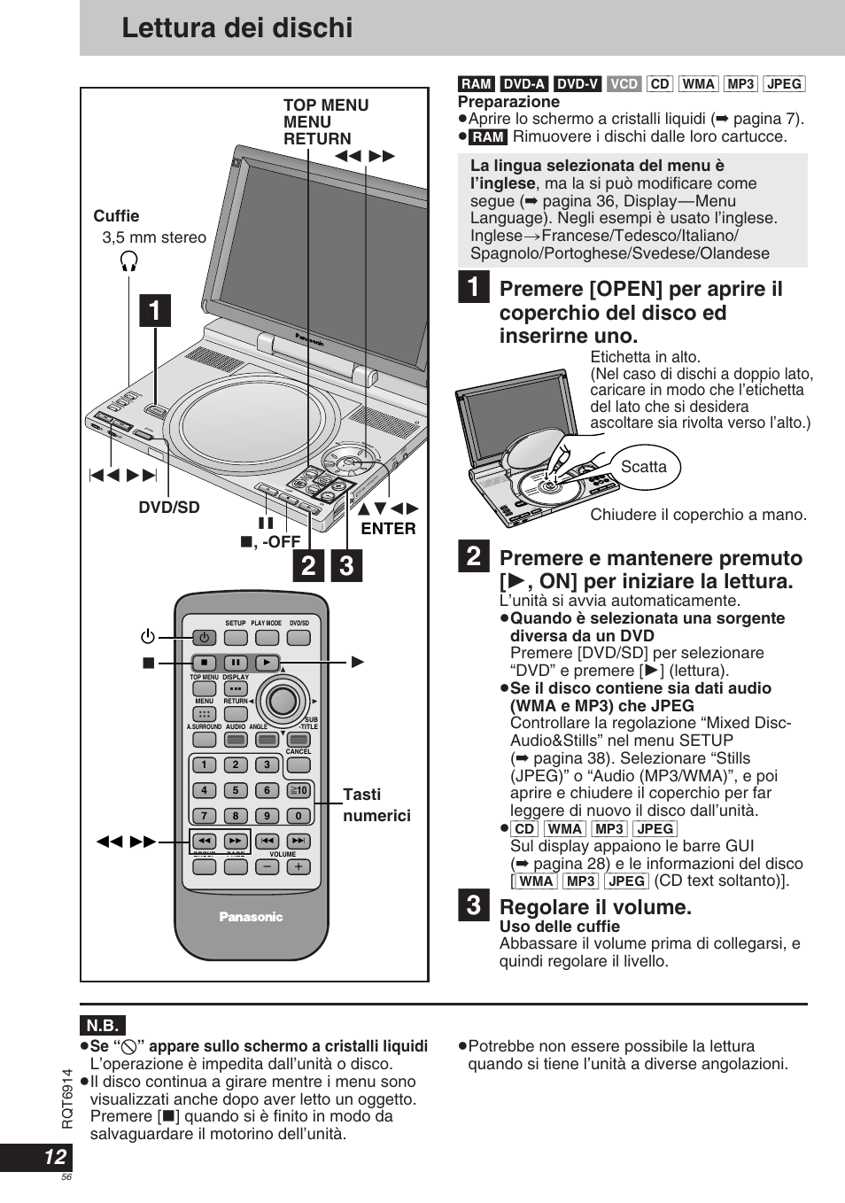 Lettura dei dischi, Regolare il volume, Í∫ 1 6 5 | Panasonic DVDLX9 User Manual | Page 56 / 108