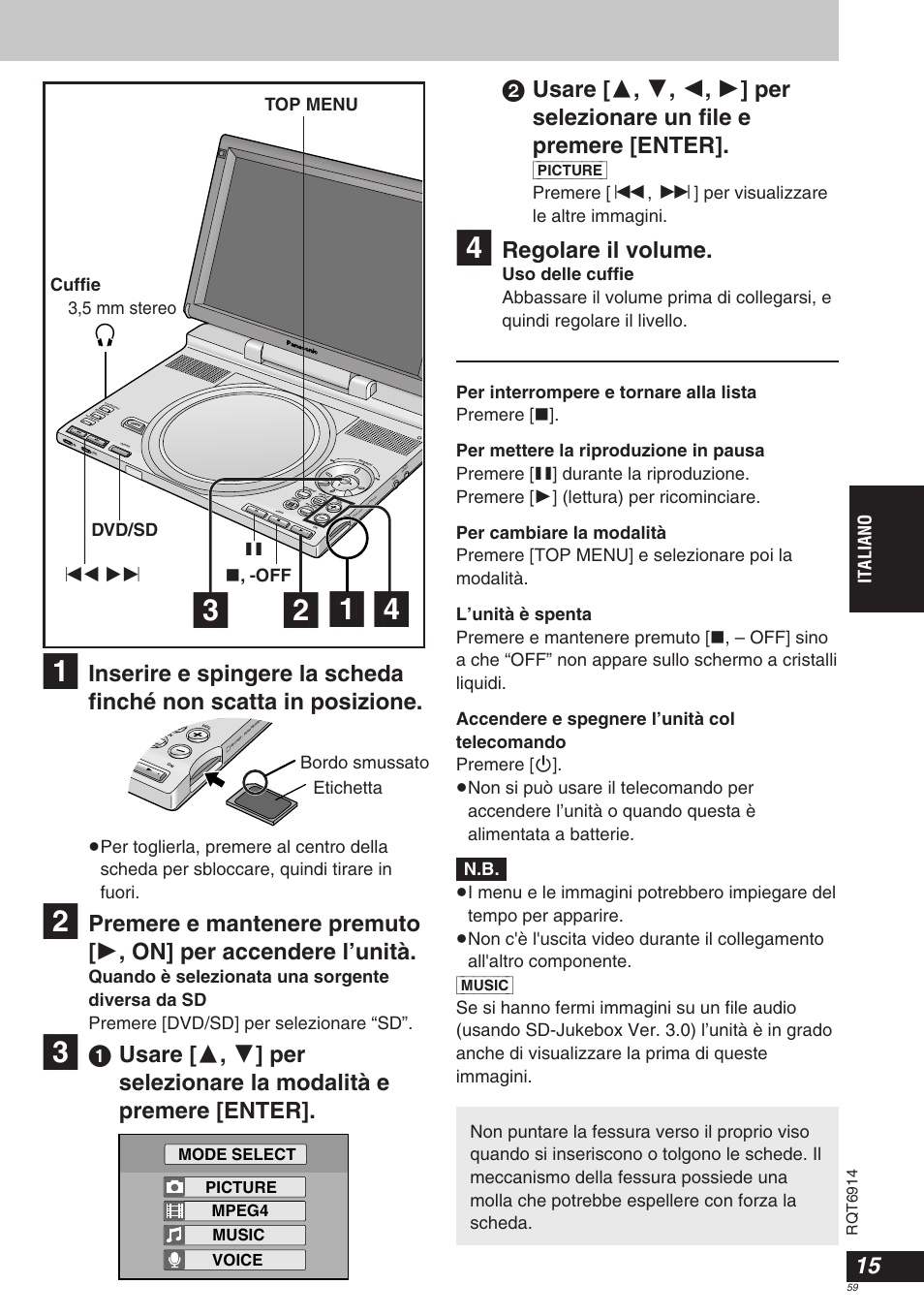 Regolare il volume, Italiano, Off top menu | Dvd/sd, Etichetta, Picture mpeg4 music voice mode select, Rqt6914 | Panasonic DVDLX9 User Manual | Page 59 / 108