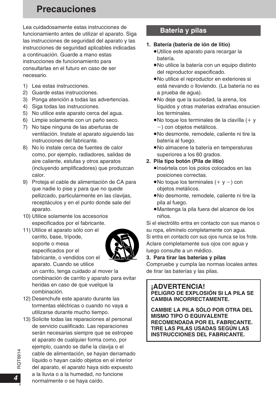 Precauciones, Bateria y pilas, Advertencia | Panasonic DVDLX9 User Manual | Page 6 / 108