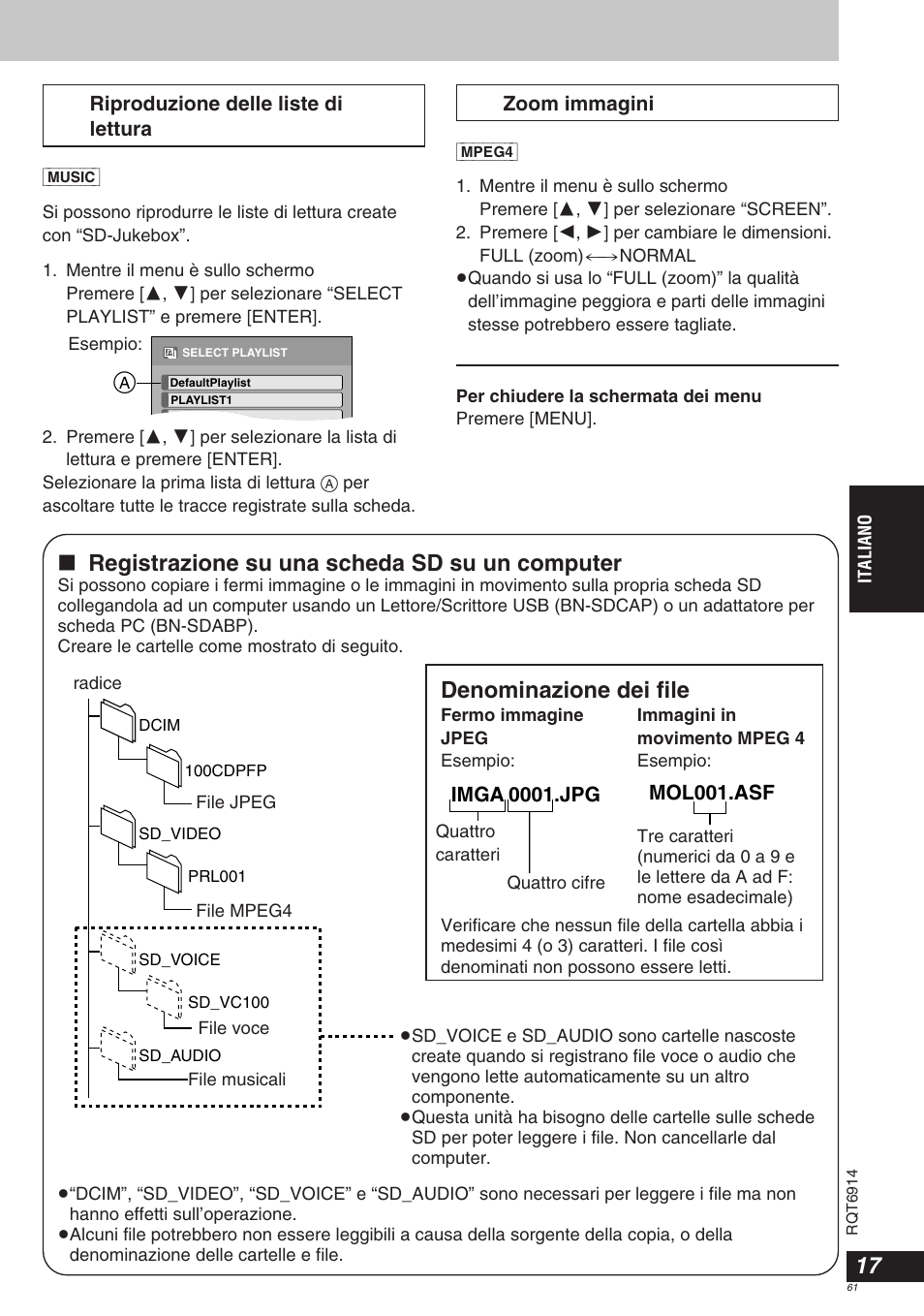 Registrazione su una scheda sd su un computer, Denominazione dei file | Panasonic DVDLX9 User Manual | Page 61 / 108