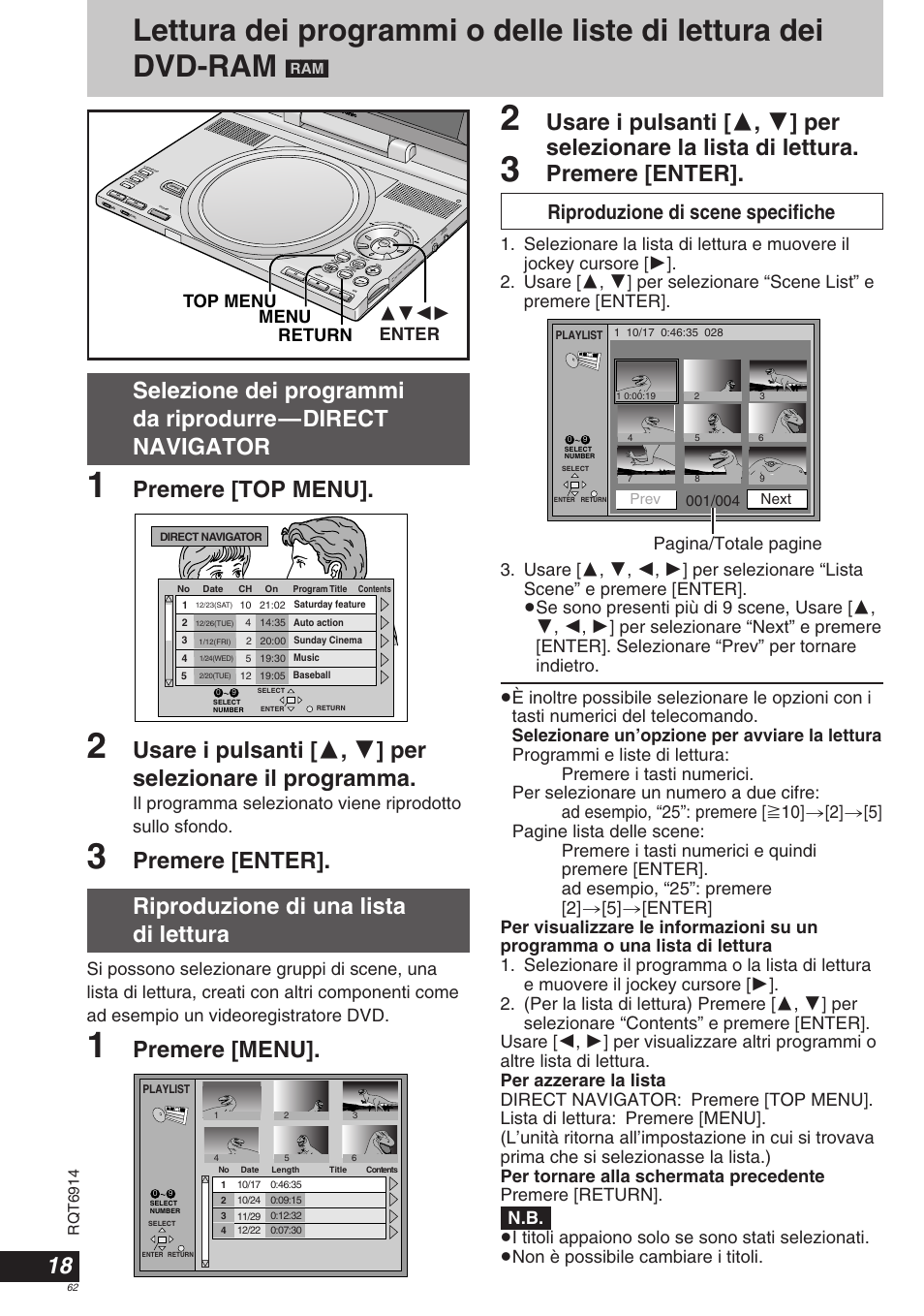 Premere [enter, Premere [menu, Riproduzione di scene specifiche | 3421 enter return menu top menu, Rqt6914 | Panasonic DVDLX9 User Manual | Page 62 / 108