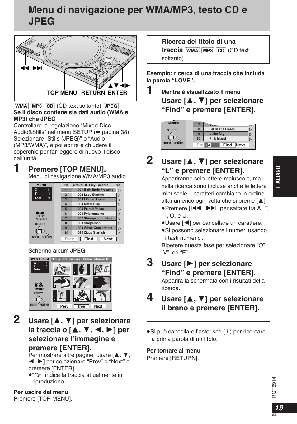 Menu di navigazione per wma/mp3, testo cd e jpeg, Premere [top menu, Ricerca del titolo di una traccia | Italiano, Mentre è visualizzato il menu, Rqt6914 | Panasonic DVDLX9 User Manual | Page 63 / 108