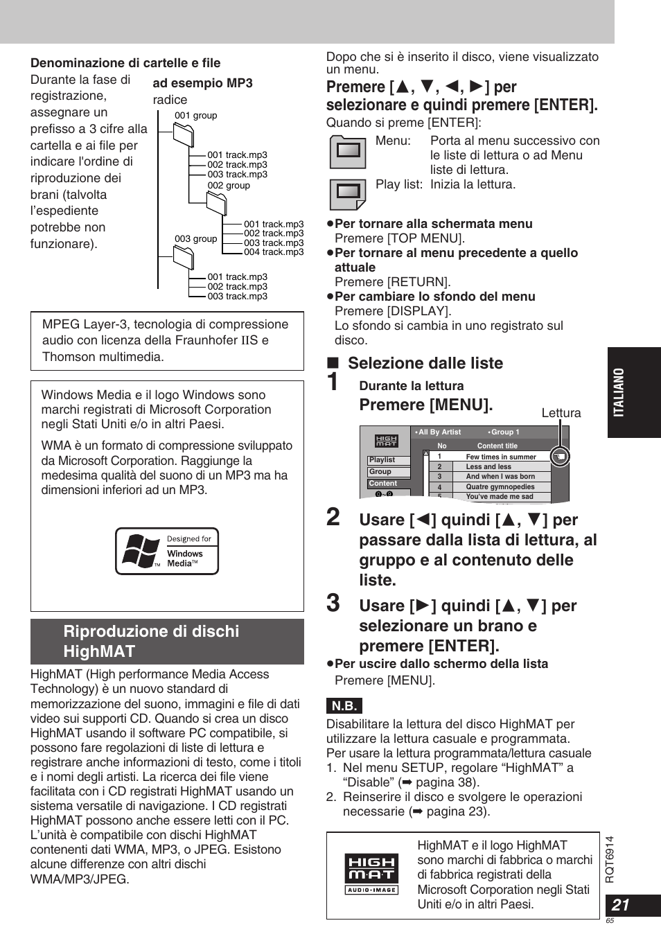 Selezione dalle liste, Premere [menu, Riproduzione di dischi highmat | Panasonic DVDLX9 User Manual | Page 65 / 108