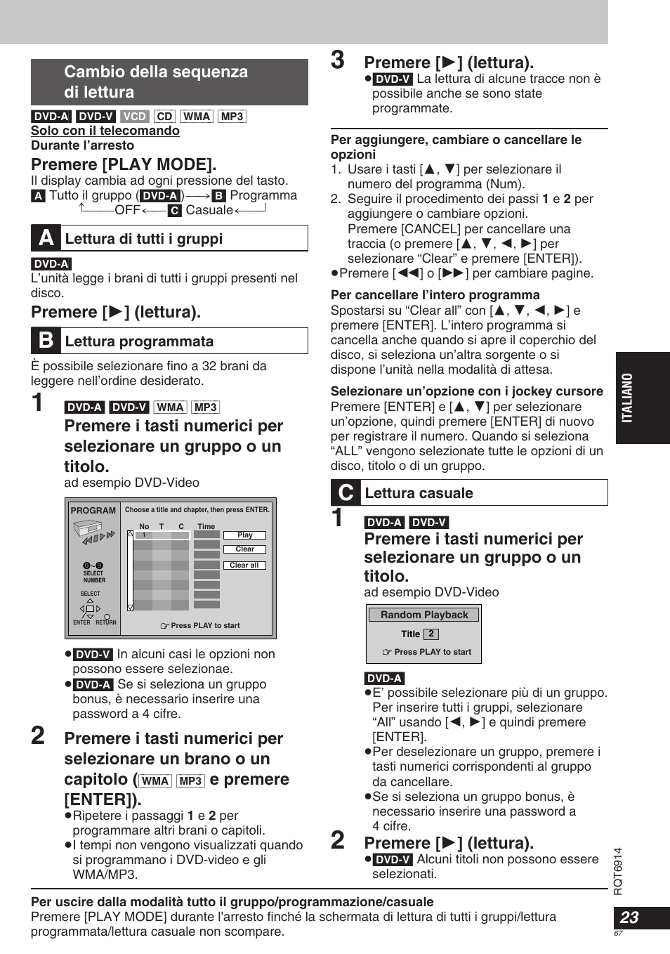 A] [b, E premere [enter]), Cambio della sequenza di lettura | Premere [play mode, Premere [ 1 ] (lettura) | Panasonic DVDLX9 User Manual | Page 67 / 108
