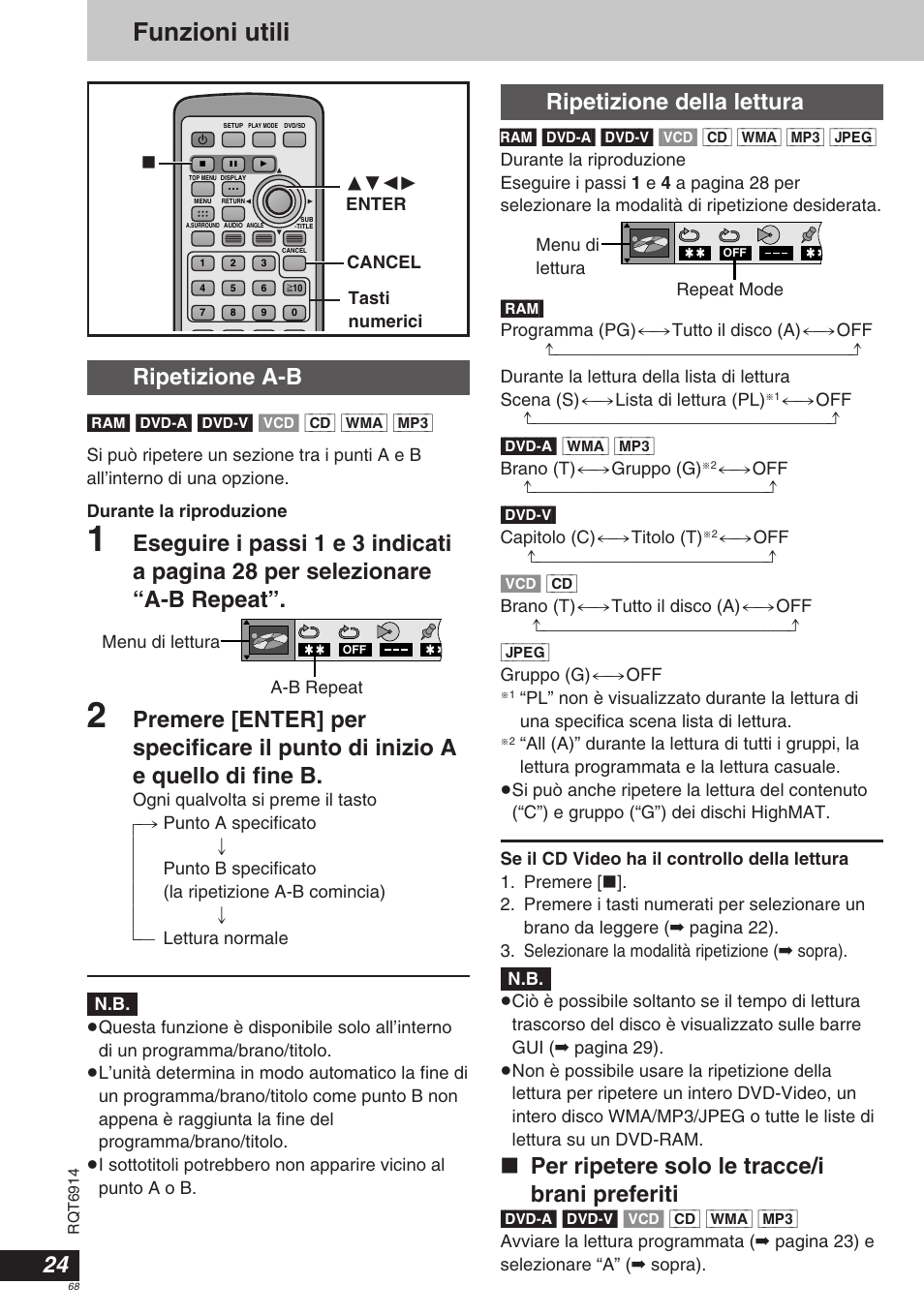 Funzioni utili, Ripetizione a-b, Ripetizione della lettura | Per ripetere solo le tracce/i brani preferiti | Panasonic DVDLX9 User Manual | Page 68 / 108
