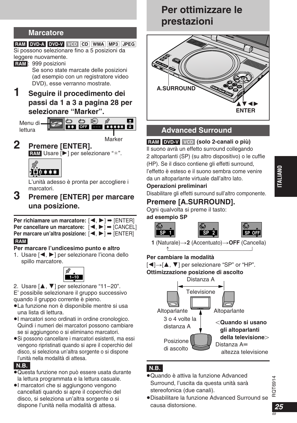 Per ottimizzare le prestazioni, Advanced surround, Premere [a.surround | Marcatore, Premere [enter, Premere [enter] per marcare una posizione, Italiano, 3421 enter a.surround, Marker menu di lettura, Sp 1 sp 2 | Panasonic DVDLX9 User Manual | Page 69 / 108