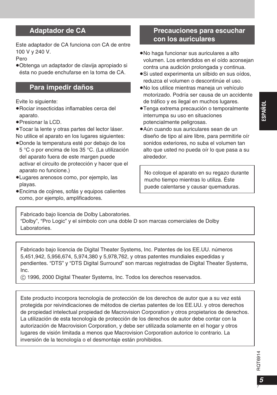 Precauciones para escuchar con los auriculares, Adaptador de ca, Para impedir daños | Panasonic DVDLX9 User Manual | Page 7 / 108