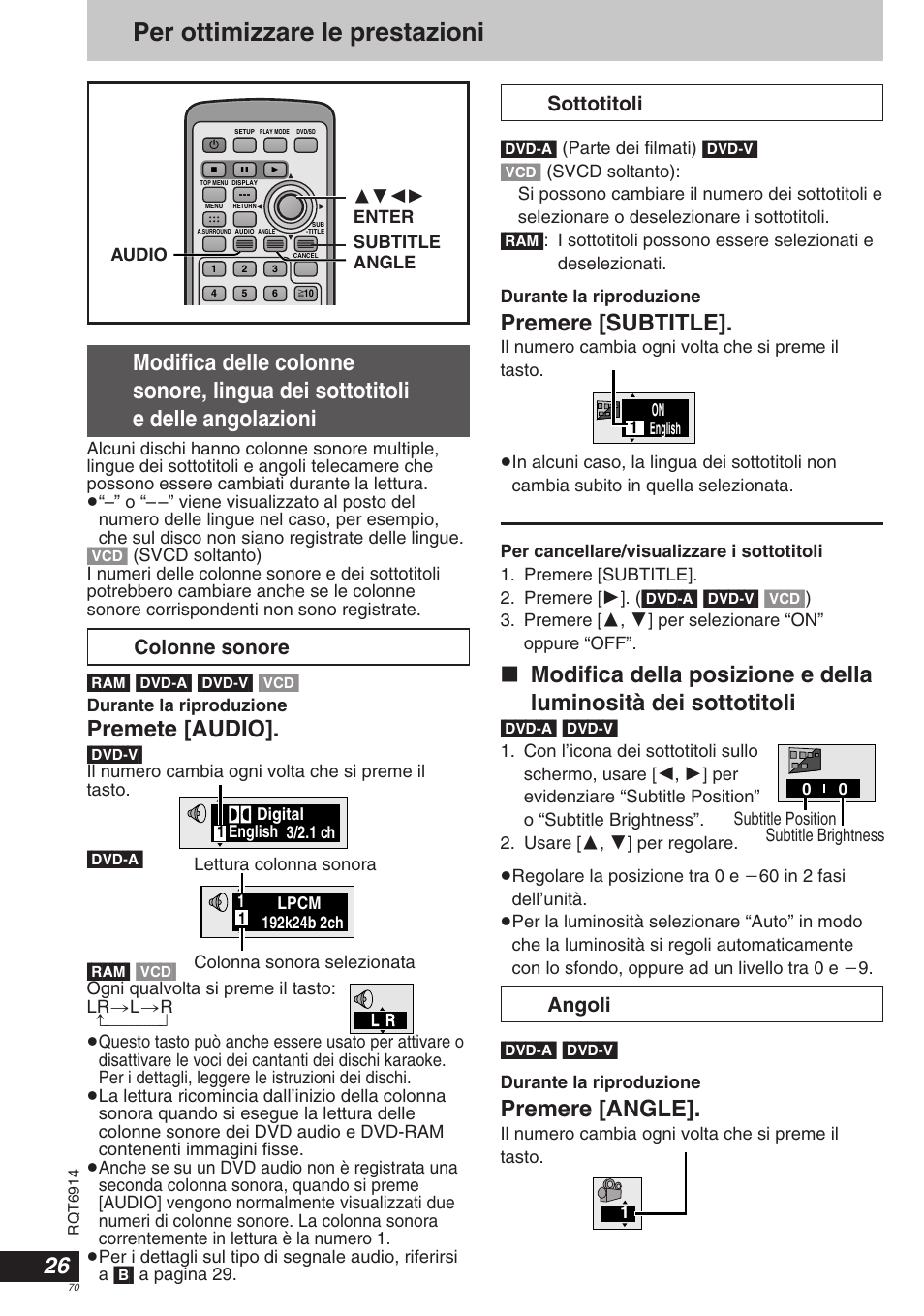 Per ottimizzare le prestazioni, Premete [audio, Premere [subtitle | Premere [angle, Colonne sonore sottotitoli, Angoli | Panasonic DVDLX9 User Manual | Page 70 / 108
