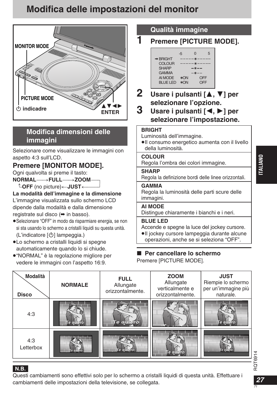 Modifica delle impostazioni del monitor, Modifica dimensioni delle immagini, Premere [monitor mode | Qualità immagine, Premere [picture mode, Per cancellare lo schermo, Italiano, 3421 enter picture mode monitor mode, Te quiero | Panasonic DVDLX9 User Manual | Page 71 / 108