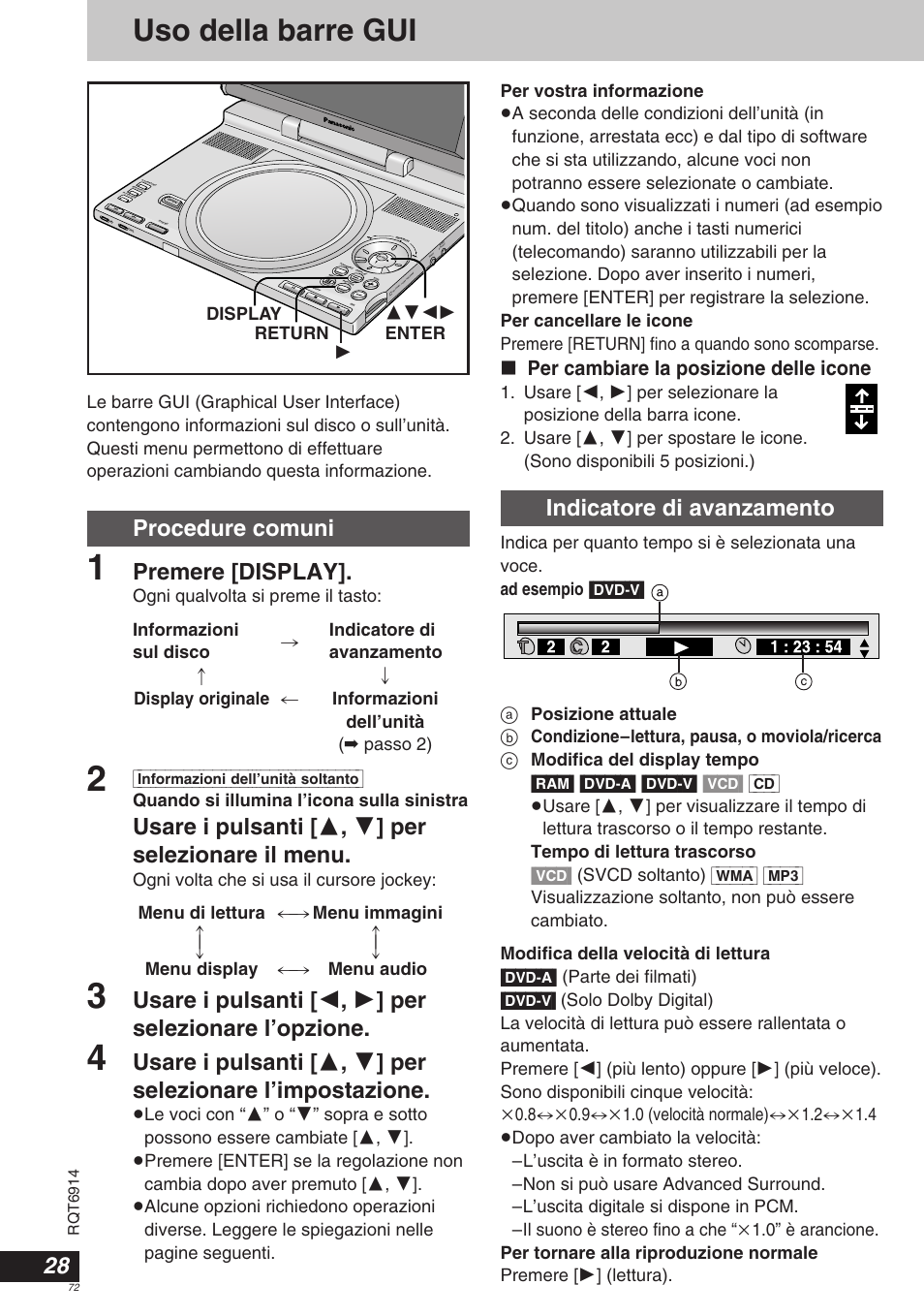 Uso della barre gui, Procedure comuni, Premere [display | Usare i pulsanti [ 3 , 4 ] per selezionare il menu, Indicatore di avanzamento, Per cambiare la posizione delle icone | Panasonic DVDLX9 User Manual | Page 72 / 108