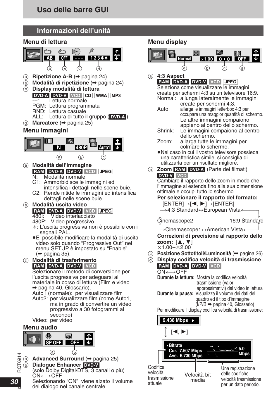 Uso delle barre gui, Informazioni dell’unità | Panasonic DVDLX9 User Manual | Page 74 / 108