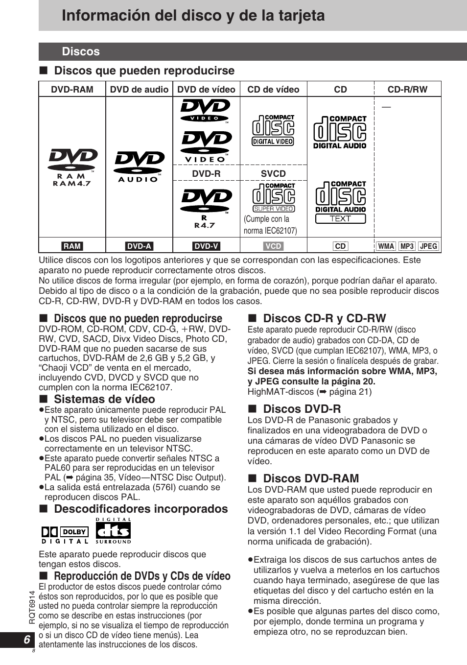 Información del disco y de la tarjeta | Panasonic DVDLX9 User Manual | Page 8 / 108
