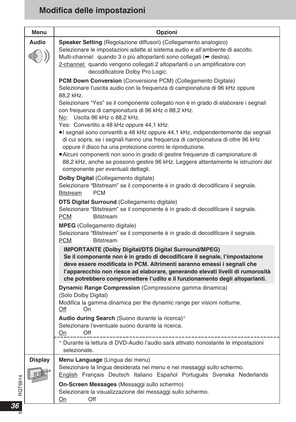 Modifica delle impostazioni | Panasonic DVDLX9 User Manual | Page 80 / 108