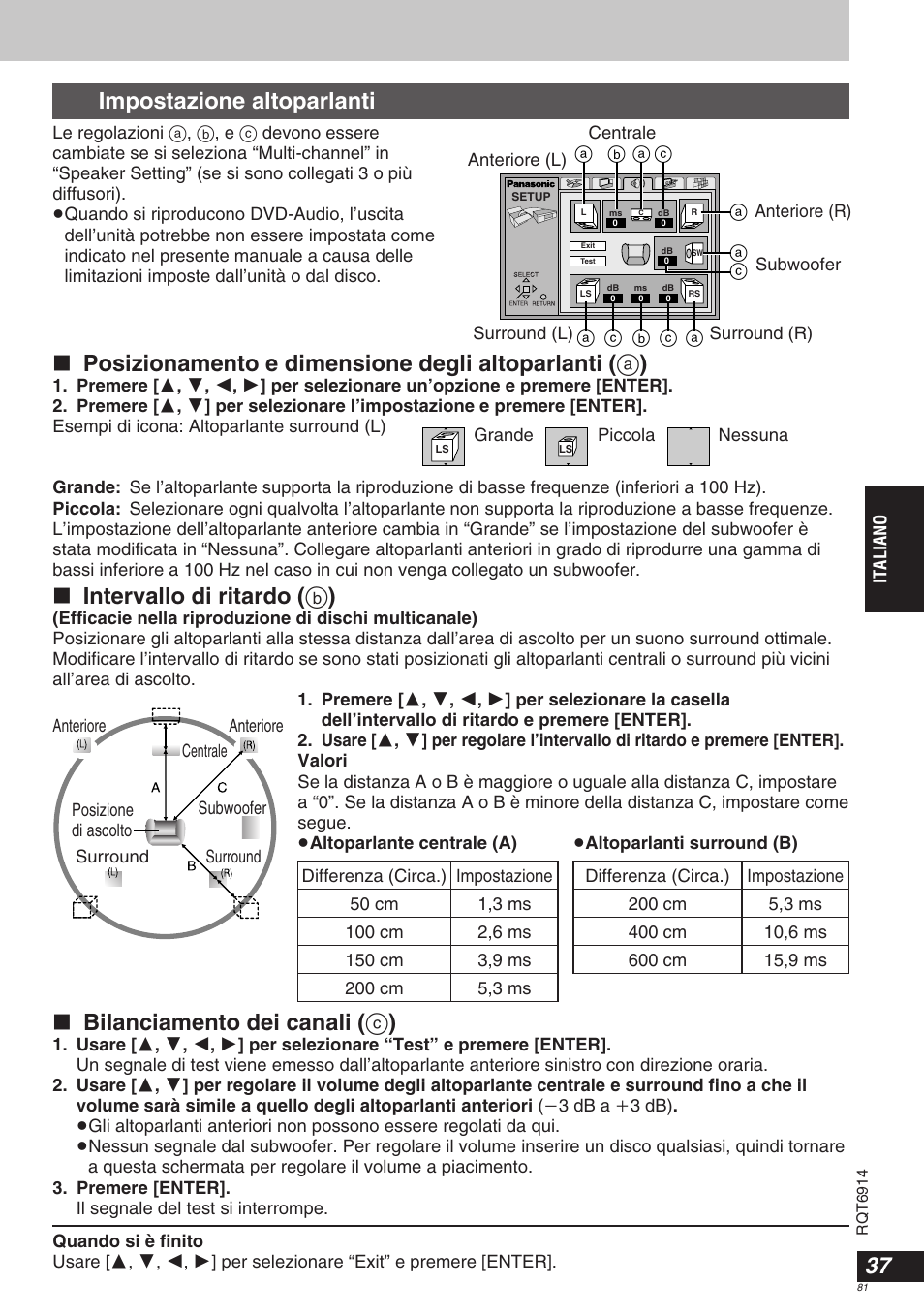 Impostazione altoparlanti, Intervallo di ritardo ( b ), Bilanciamento dei canali ( c ) | Panasonic DVDLX9 User Manual | Page 81 / 108