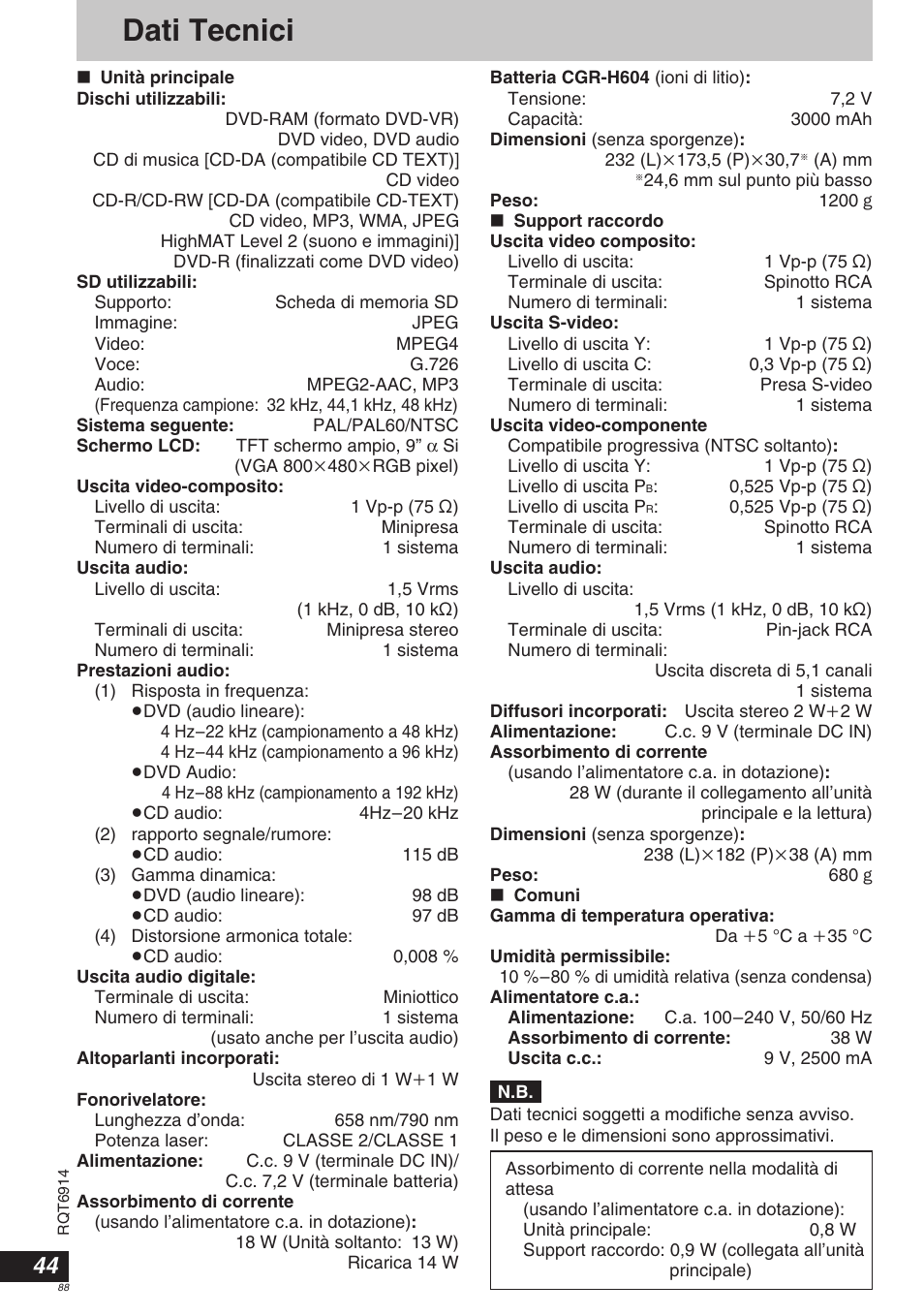 Dati tecnici | Panasonic DVDLX9 User Manual | Page 88 / 108