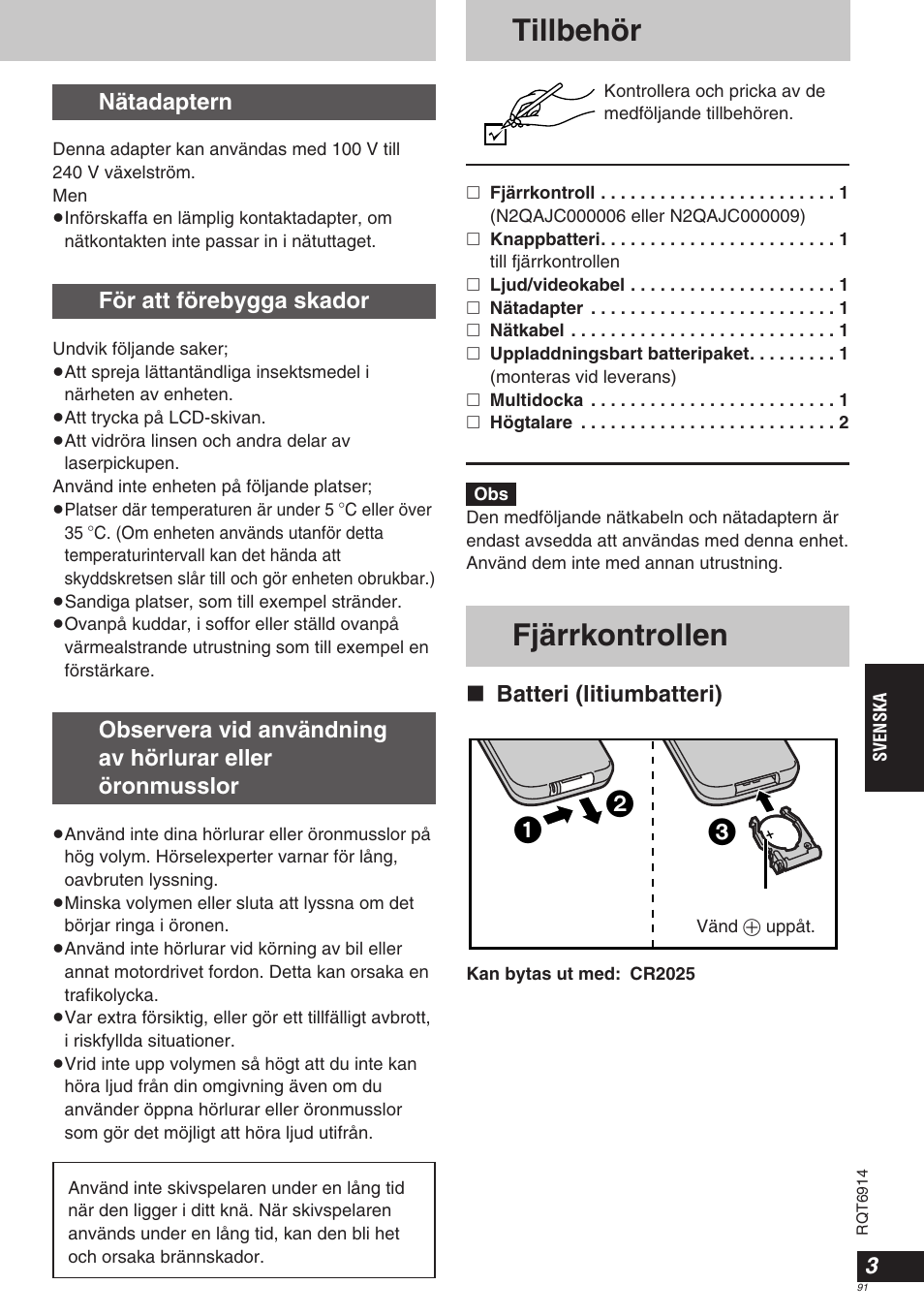 Fjärrkontrollen, Tillbehör, Nätadaptern | För att förebygga skador, Batteri (litiumbatteri) | Panasonic DVDLX9 User Manual | Page 91 / 108