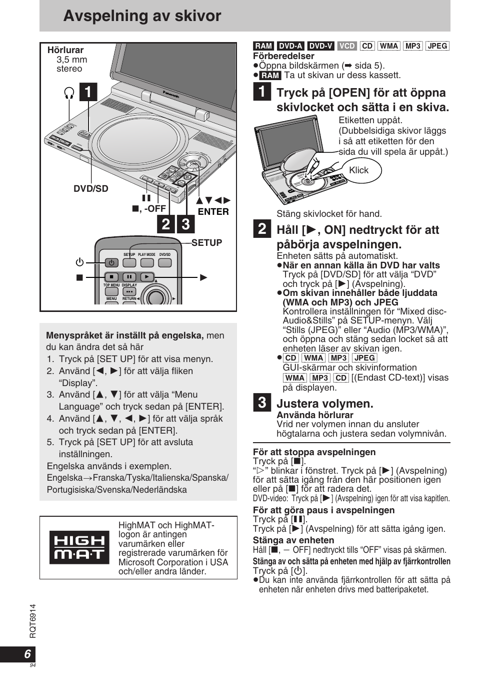 Avspelning av skivor, Justera volymen, Stäng skivlocket för hand | Klick, Ídvd/sd ∫ , -off 3421 enter | Panasonic DVDLX9 User Manual | Page 94 / 108