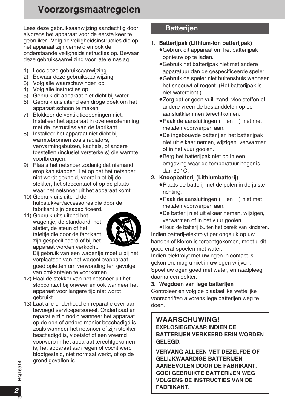 Voorzorgsmaatregelen, Batterijen, Waarschuwing | Panasonic DVDLX9 User Manual | Page 96 / 108