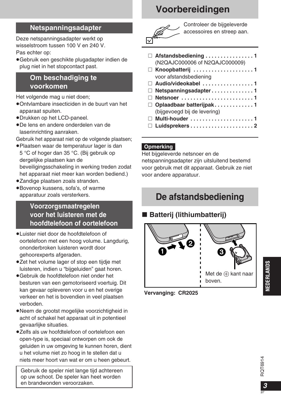 De afstandsbediening, Voorbereidingen, Batterij (lithiumbatterij) 3 | Netspanningsadapter, Om beschadiging te voorkomen | Panasonic DVDLX9 User Manual | Page 97 / 108