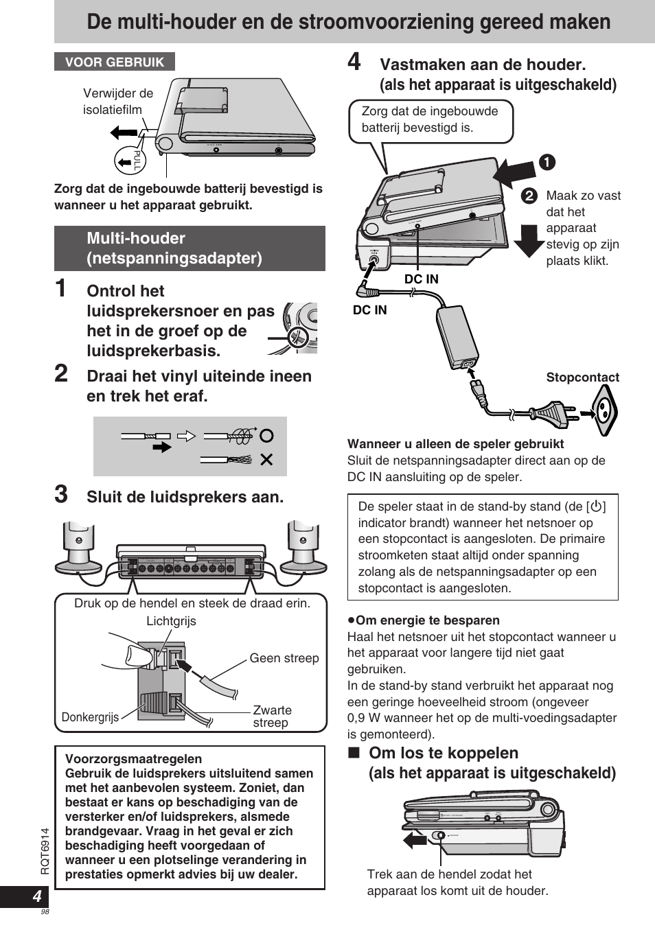 Draai het vinyl uiteinde ineen en trek het eraf, Sluit de luidsprekers aan, Dc in | Zorg dat de ingebouwde batterij bevestigd is | Panasonic DVDLX9 User Manual | Page 98 / 108