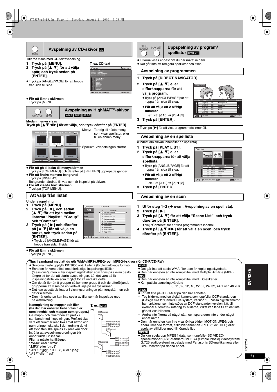 Avspelning av cd-skivor, Avspelning av highmat™-skivor, Att välja från listan | Uppspelning av program/ spellistor, 3 tryck på [enter | Panasonic DVDS99 User Manual | Page 101 / 116