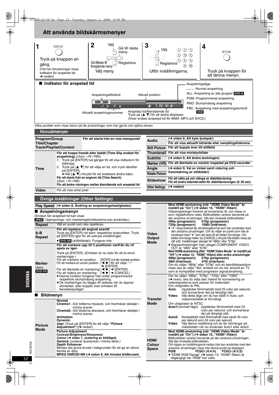 Att använda bildskärmsmenyer | Panasonic DVDS99 User Manual | Page 102 / 116