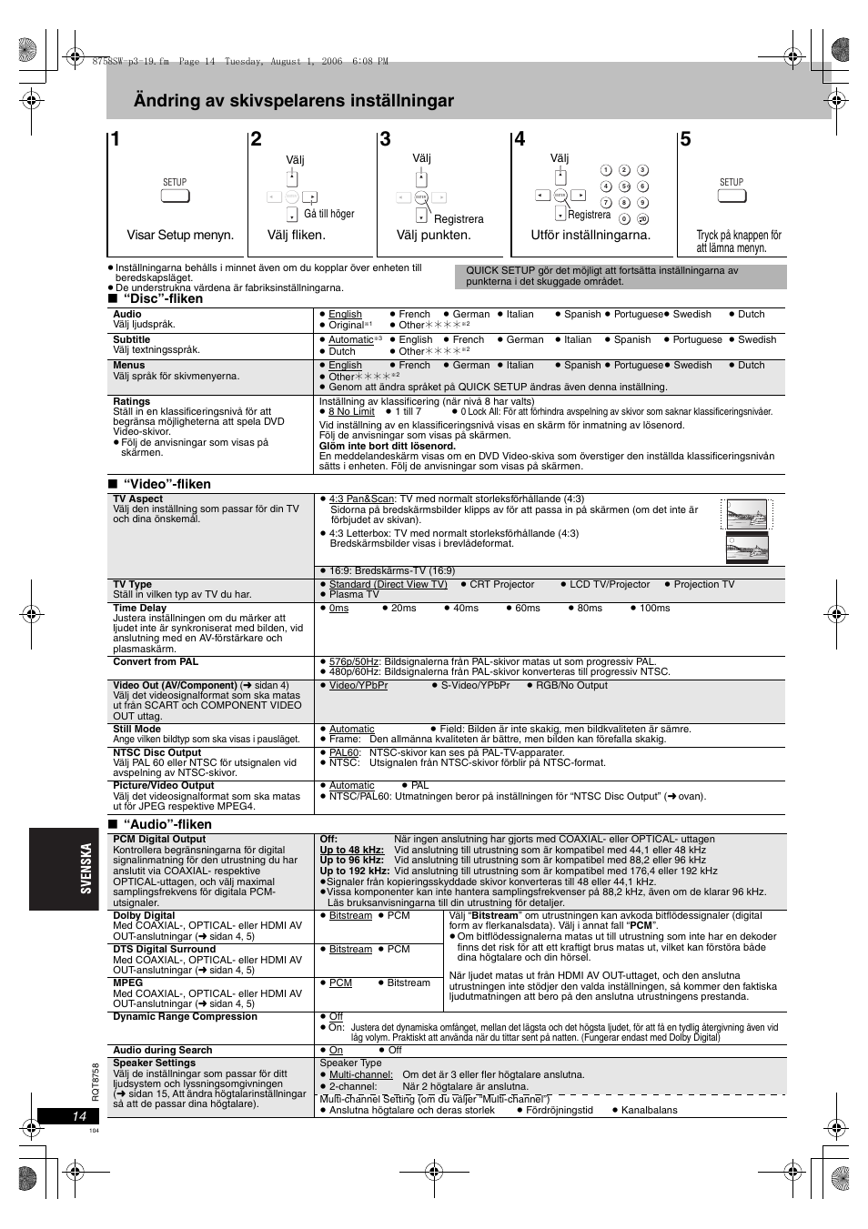 Ändring av skivspelarens inställningar | Panasonic DVDS99 User Manual | Page 104 / 116