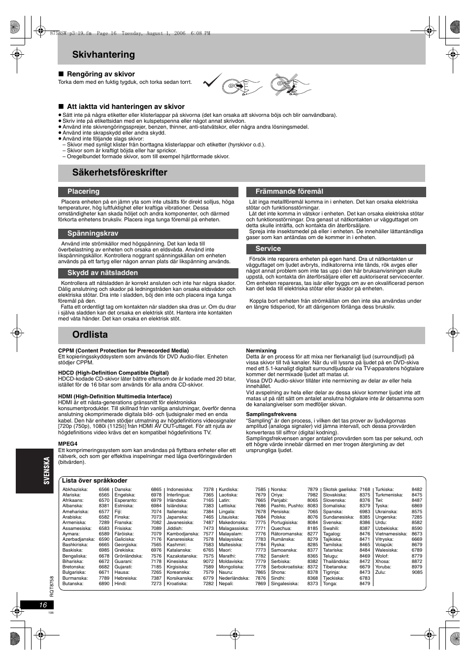 Skivhantering, Säkerhetsföreskrifter, Ordlista | Rengöring av skivor, Att iaktta vid hanteringen av skivor | Panasonic DVDS99 User Manual | Page 106 / 116
