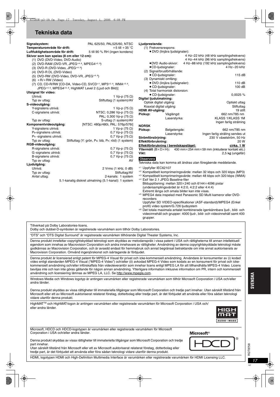 Tekniska data | Panasonic DVDS99 User Manual | Page 107 / 116