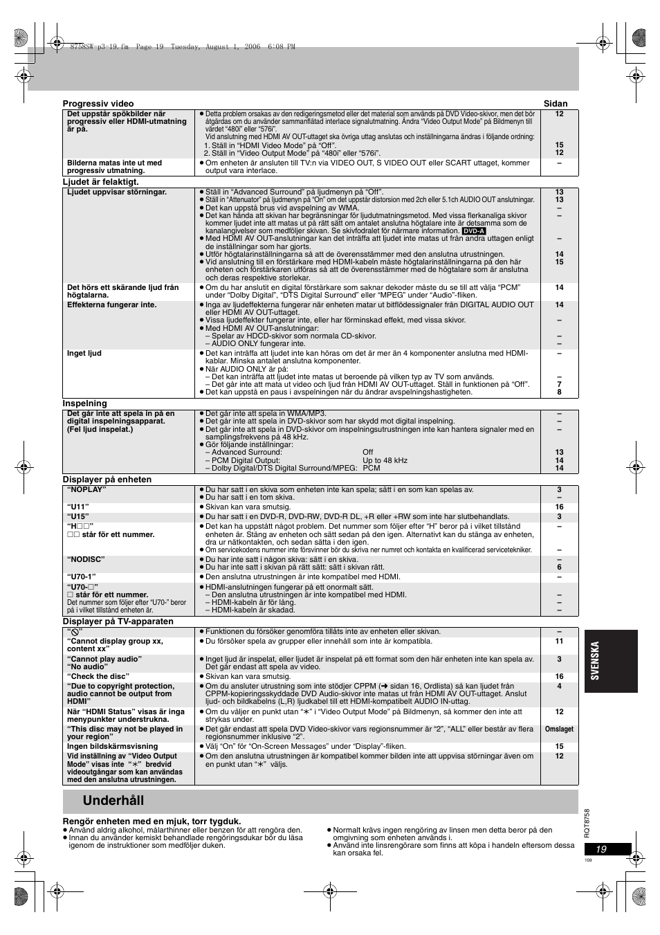 Underhåll | Panasonic DVDS99 User Manual | Page 109 / 116