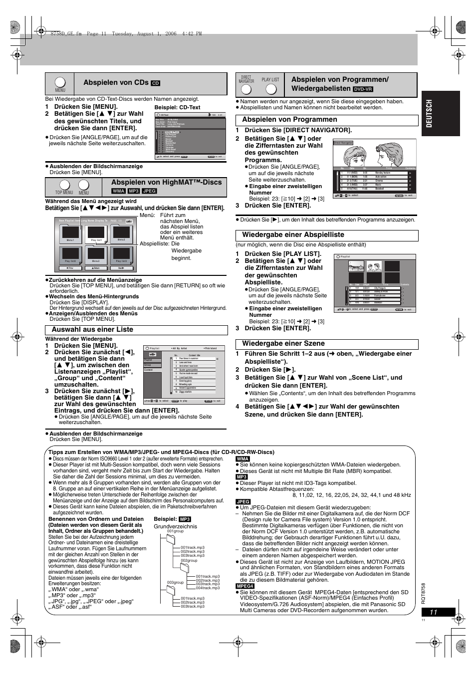 Abspielen von cds, Abspielen von highmat™-discs, Auswahl aus einer liste | Abspielen von programmen/ wiedergabelisten, 3 drücken sie [enter | Panasonic DVDS99 User Manual | Page 11 / 116