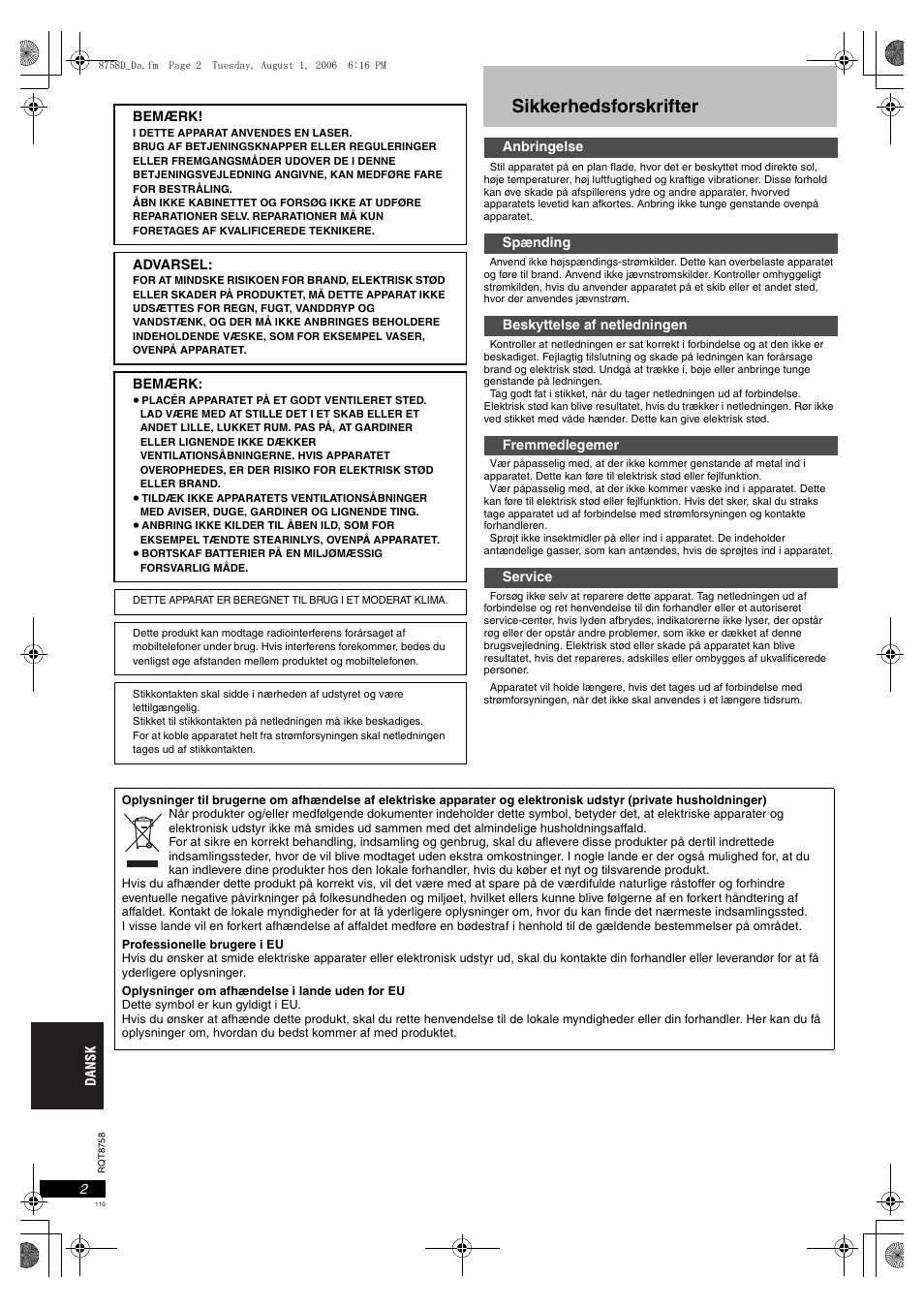 Sikkerhedsforskrifter | Panasonic DVDS99 User Manual | Page 110 / 116