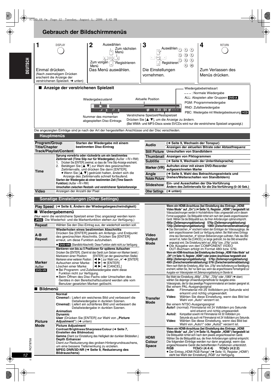 Gebrauch der bildschirmmenüs | Panasonic DVDS99 User Manual | Page 12 / 116